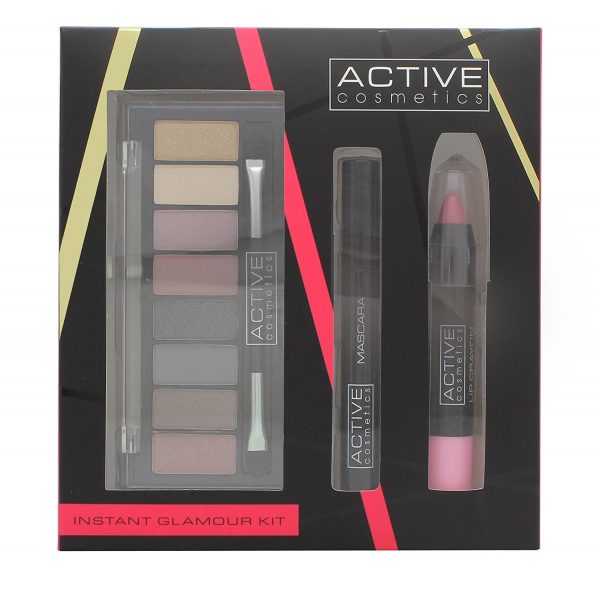 Active Cosmetics Instant Glamour Kit Gift Set 6.5ml Mascara 8 x 1.5g Eyeshadow 3.3g Lip Crayon Double Ended Applicator